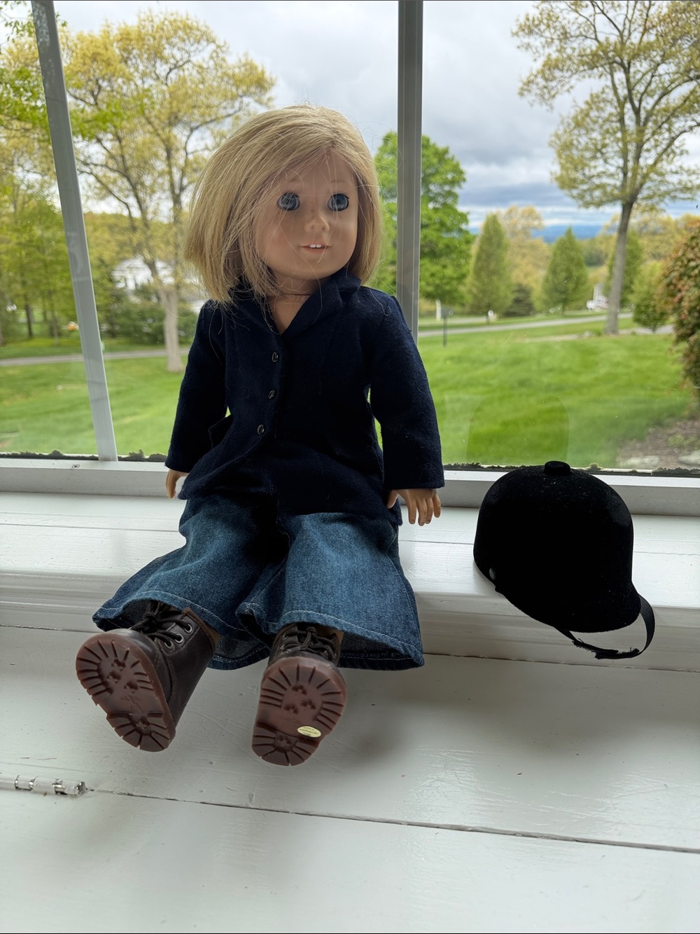 Kit,American Girl Blonde Doll in Navy Coat and Denim Jeans with Black Riding Hat